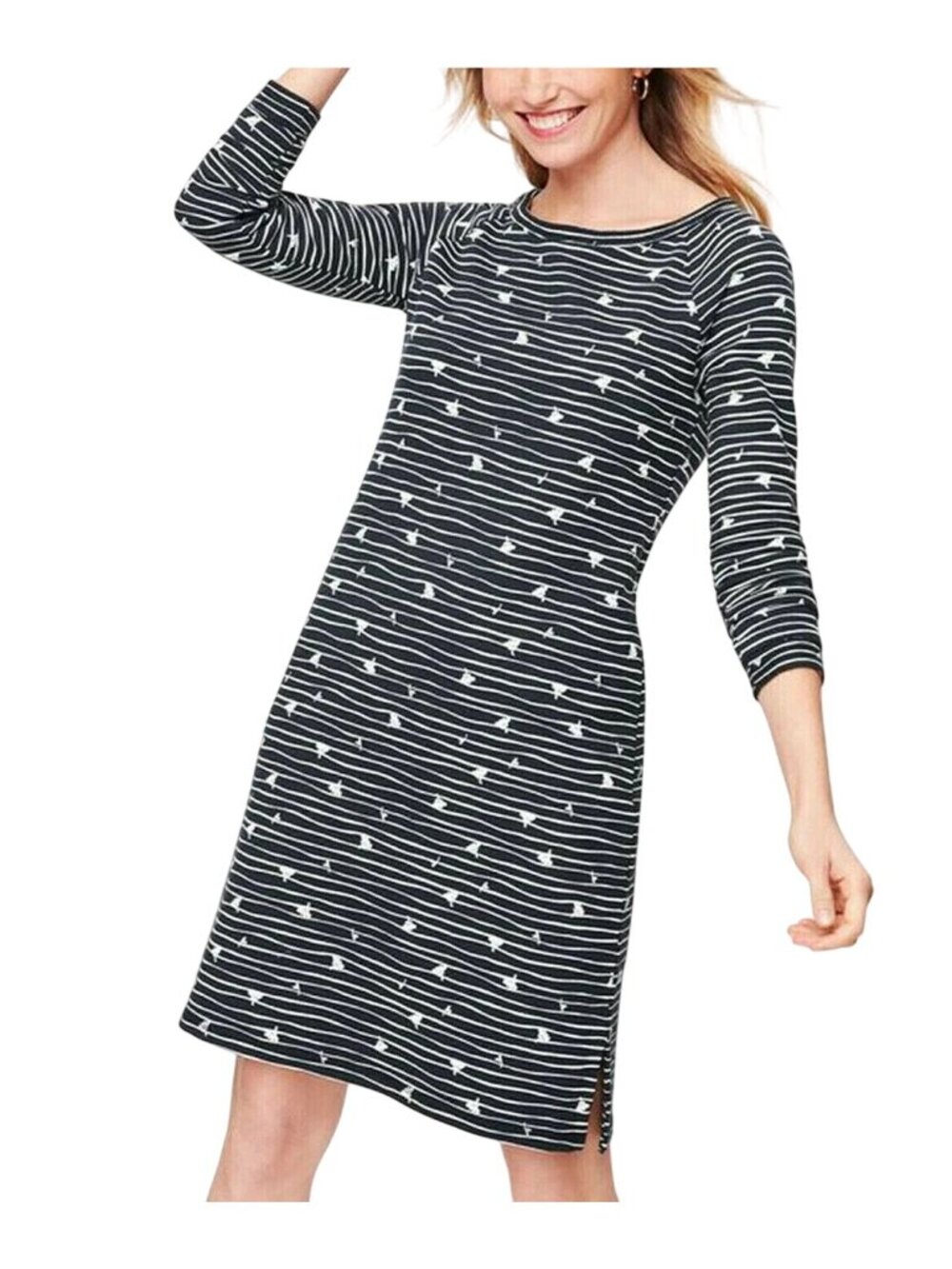 T By Talbots Dress Small Striped Floral 3/4 Sleeve Navy Blue White Nautical NEW